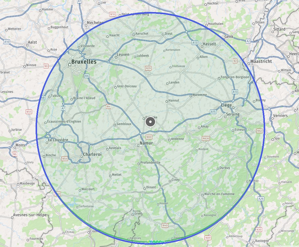 Zone d'intervention chaudières à pellets : 60 km autour de Fernelmont, province de Namur